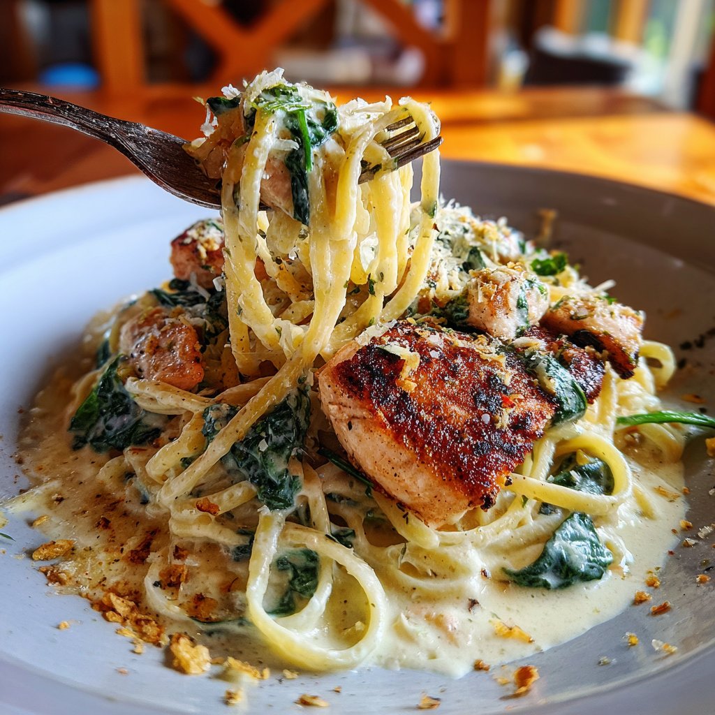 Pasta Alfredo with Salmon and Spinach